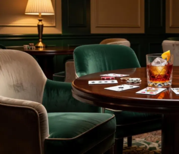 Cocktail raffiné posé sur une table du salon de cartes, prêt pour une soirée poker