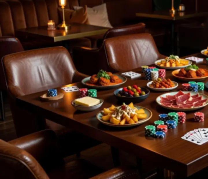 Planchettes à partager et tapas raffinés disposés près de jetons de poker