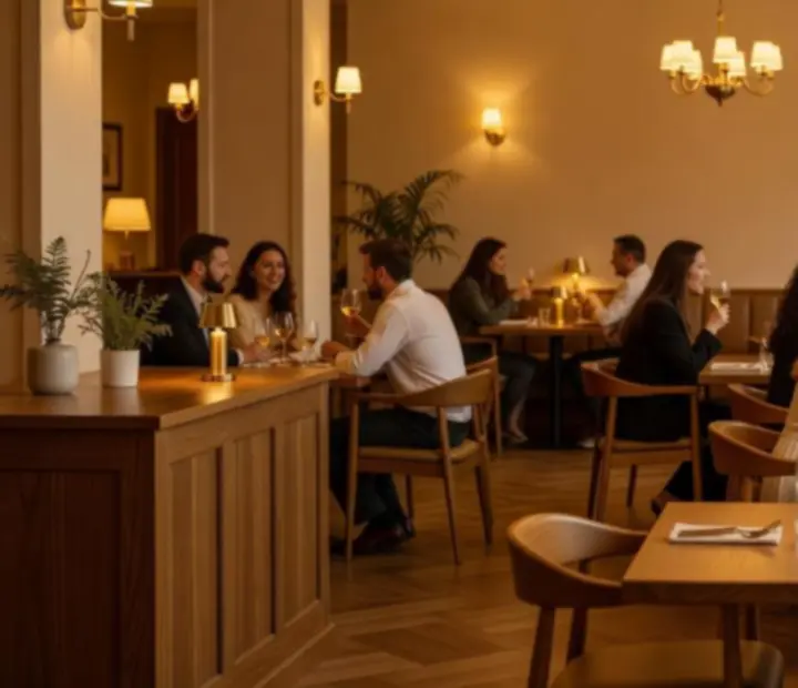 Ambiance conviviale du restaurant Dorellia avec lumière chaleureuse et tables élégantes