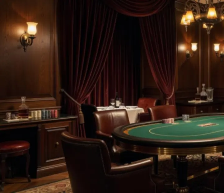 Salon de cartes privatif avec fauteuils en velours et tables de poker