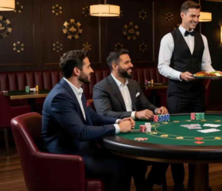 Service élégant dans une salle de restaurant chaleureuse avec ambiance de poker en présentiel