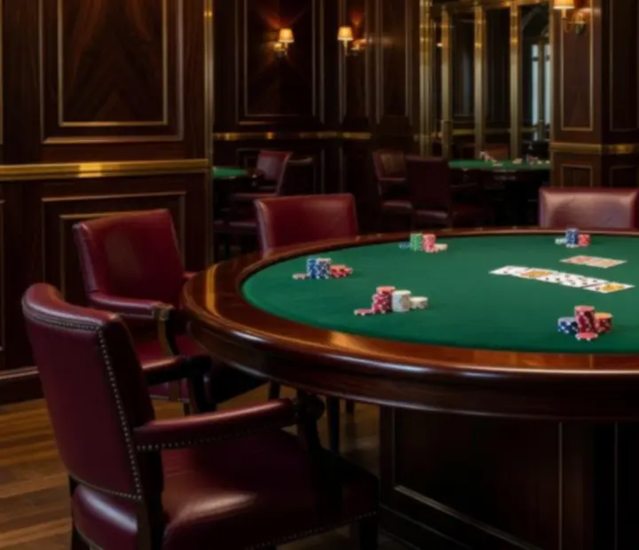 Table de poker grand format avec plateau feutré et inserts en bois chez Dorellia
