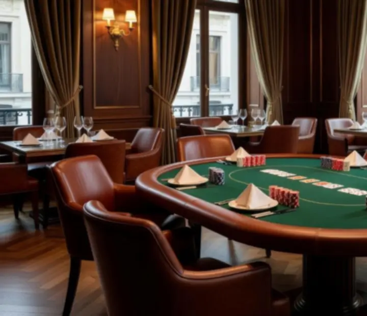 Table de poker au sein du restaurant avec cartes et jetons